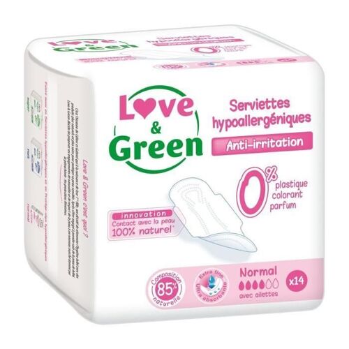 Love Et Green Paquet 14 Serviettes Normales Femme Hypoallergeniques