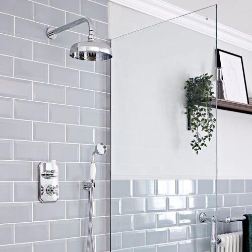 Kit de douche thermostatique à 2 fonctions - Pommeau rond phi  20 cm et douchette ? Chromé et blanc - Elizabeth