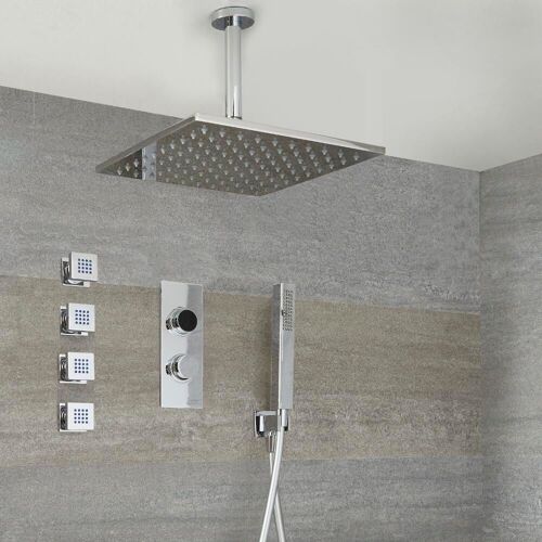 Douche Digitale Thermostatique 3 fonctions - Pommeau Douche Bras au Plafond 30x30cm - Douchette et  4 jets Hydromassants - Narus