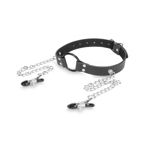 Bâillon Anneau Avec Pinces À Seins O-Ring Gag Noir - Ouch - Noir