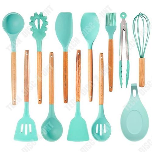 Td® Ensemble D'ustensiles De Cuisine En Silicone Avec Manche En Bois Spatule Antiadhésive Seau De Rangement D'outils De Cuisine