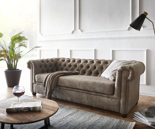 Canapé Chesterfield 3 places vintage taupe matelassé