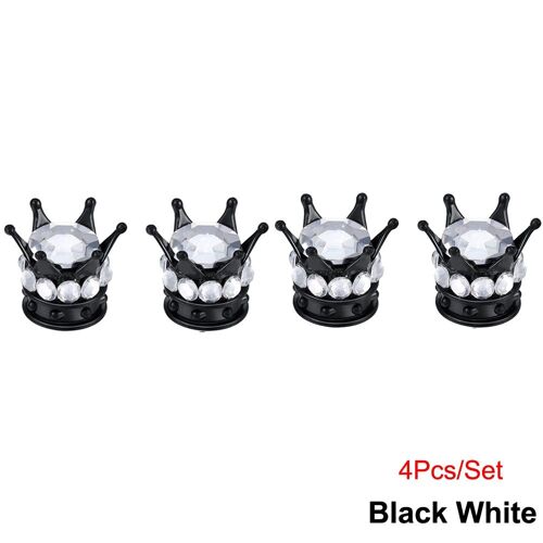 Noir Blanc - Bouchons De Tige De Assujetavec Biscuits Bling Bling, Couronne Chromée, Voiture, Auto, Vélo, Moto, 4 Pièces Par Ensemble