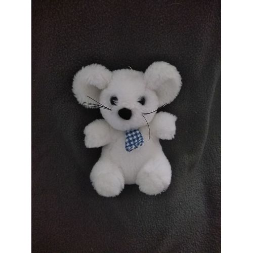 Doudou Peluche Souris Blanche Cravate Vichy Bleue Sandy