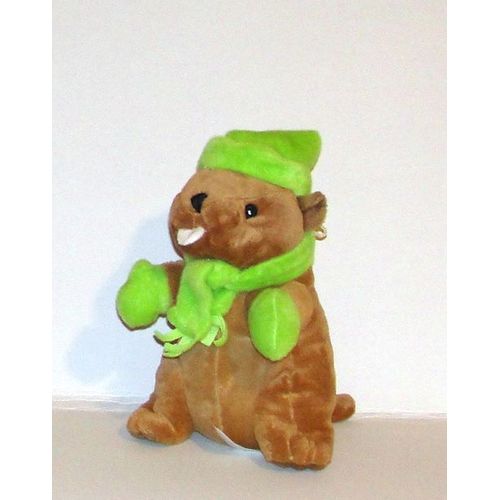 Marmotte Siffleuse Avec Bonnet Echarpe Et Gant Vert Fluo Peluche 22cm