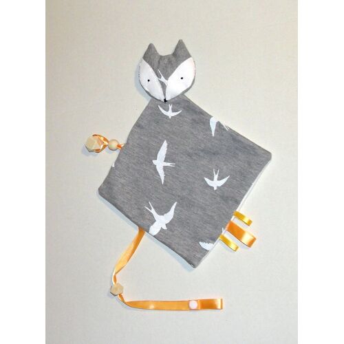 Doudou Renard Plat Attache Tetine Motifs Oiseaux