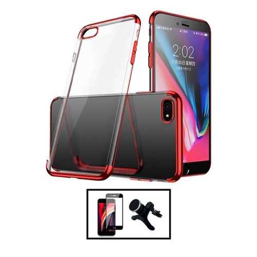 Kit Film Verre Trempé 5D Full Cover + Coque SlimArmor + Support Magnétique de Voiture Renforcé pour Apple iPhone SE 2022 - Rouge