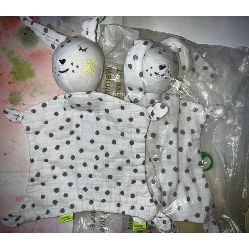 Doudou Lapin Tissu Coton Du Pareil Au Même Blanc  Gros Pois Gris Lot De Deux Doudou Dpam Lapins Jouets Bébé 