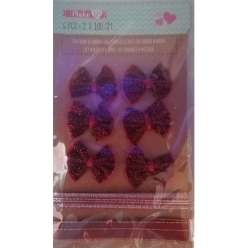 Kit 6 Noeuds Pailletés + 2x1m Ruban Assortis Ton Rouge Pour Scrapbooking, Carterie, Décoration...