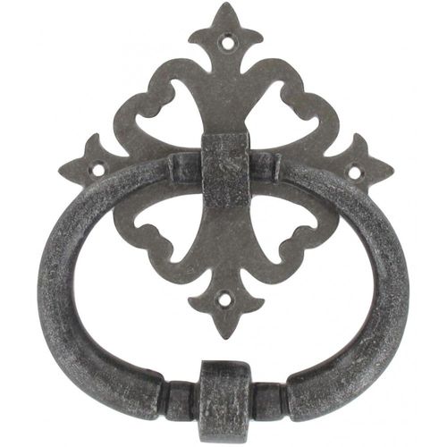 Heurtoir de porte fer sur rosace carré ajourée argent antique