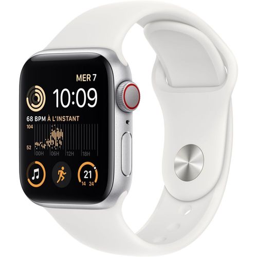 Apple Watch SE (GPS + Cellular) - 2e génération - 40 mm - aluminium argenté - montre intelligente avec bracelet sport - fluoroélastomère - blanc - taille du bracelet : Normal - 32 Go - Wi-Fi...