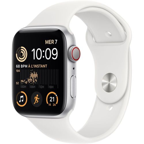 Apple Watch SE (GPS + Cellular) - 2e génération - 44 mm - aluminium argenté - montre intelligente avec bracelet sport - fluoroélastomère - blanc - taille du bracelet : Normal - 32 Go - Wi-Fi...