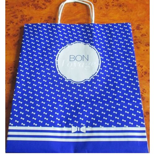 Sac Papier avec poignées de portage-fond bleu décoré de noeuds-Bon Voyage de Brittany Ferries-24x28x9cm