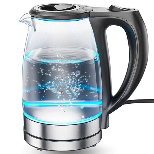 Bouilloire en verre de 1.7 L avec indicateur LED bleu, bouilloire avec arrêt automatique et Protection contre le séchage, prise ue de 2200W