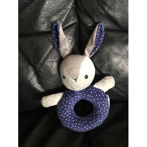 DOUDOU ANNEAU HOCHET LAPIN GRIS BLEU POIS IKEA 15CM