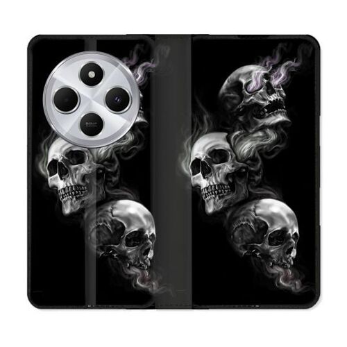 Housse Cuir Portefeuille Pour Xiaomi Redmi 14c 4g Tete De Mort Triple