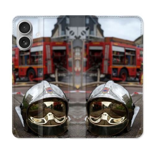 Housse Cuir Portefeuille Pour Iphone 16 Pompier Casque Camion