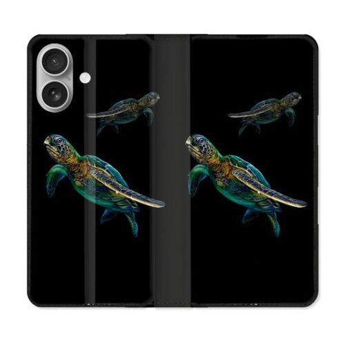 Housse Cuir Portefeuille Pour Iphone 16 Plus Animal Tortue Noire Multicolore