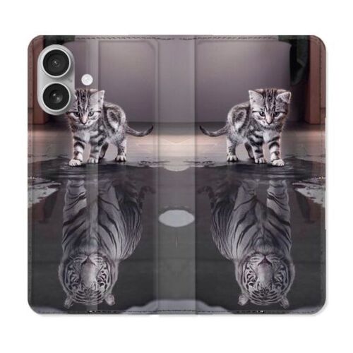 Housse Cuir Portefeuille Pour Iphone 16 Animal Chat Reflet