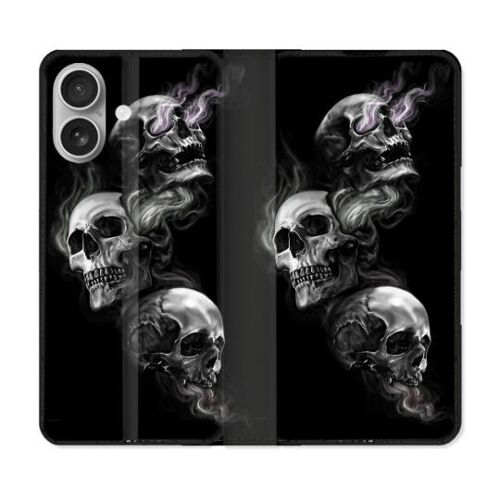 Housse Cuir Portefeuille Pour Iphone 16 Tete De Mort Triple