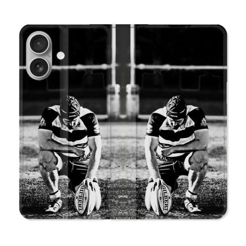 Housse Cuir Portefeuille Pour Iphone 16 Sport Rugby Noir Blanc
