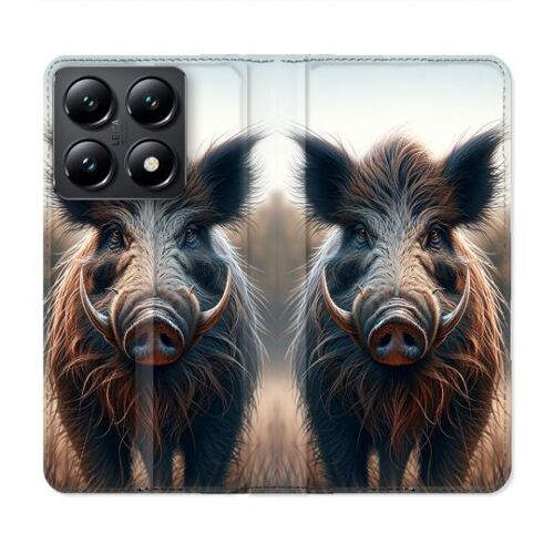 Housse Cuir Portefeuille Pour Xiaomi 14t Chasse Sanglier Attaque