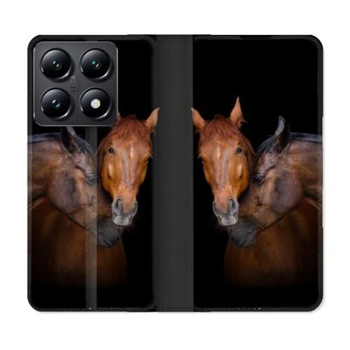 Housse Cuir Portefeuille Pour Xiaomi 14t Animal Cheval Marron