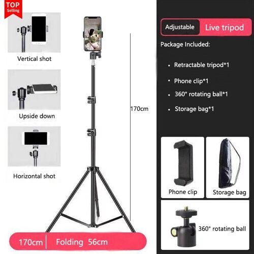 Tripode de 170 cm - Trépied professionnel pour téléphone avec anneau lumineux, télécommande pour photographie vidéo en direct, Selfie Stable, support de lampe Mobile