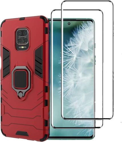 Poseedor-U Coque pour Xiaomi Redmi Note 9S/Note 9 Pro/9 Pro Max Nouveau Robuste Anneau Support [Fonctionne avec Support De Voiture Magnétique] Étui Housse, Rouge + 2 Pack Verre Trempé Écran ProtecteurU17005