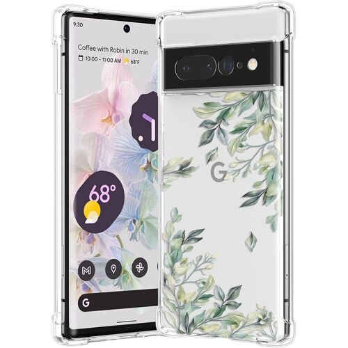 Coque Compatible avec Google Pixel 7 Pro, Transparent Silicone Housse avec Fleurs Motif pour Pixel 7 Pro-Feuilles