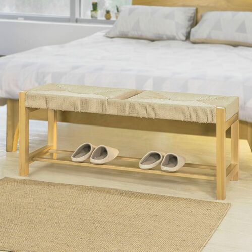 SoBuy® FSR68-N Banc à Chaussures Design Banquette Meuble d'Entrée - 2 Places avec 1 Étage de Rangement - Siège en Corde Tressée - L110cmxP36cmxH46cm