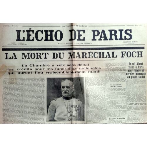 22 Mars 1929 : Vieux Journal "L'écho De Paris" (La Mort Du Maréchal Foch...)