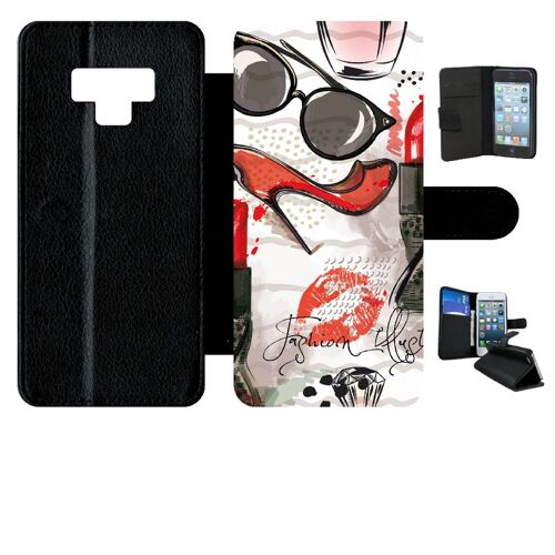 Etui a rabat - Motif girly fond blanc - compatible avec samsung Galaxy Note9 - Plastique - bord Noir