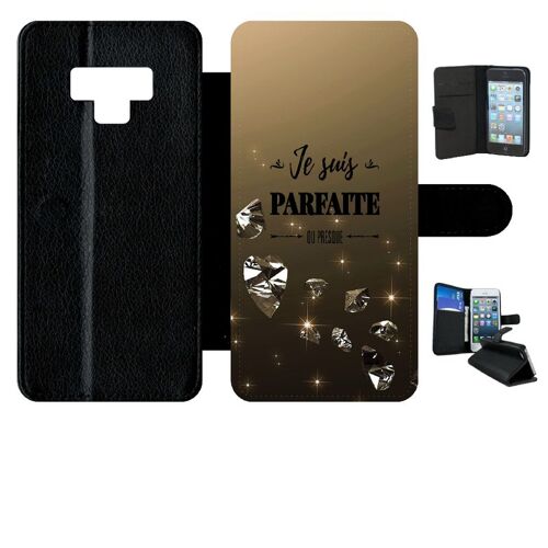 Etui A Rabat - Je Suis Parfaite Ou Presque Fond Diamant - Compatible Avec Samsung Galaxy Note9 - Simili-Cuir - Bord Noir
