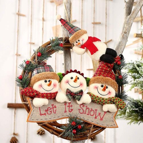 Couronne de Noël Guirlande Suspendue Père Noël Bonhomme de Neige Poupée Rotin Pendentif Ornement pour Arbre de Noël