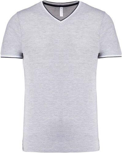 T-Shirt Manches Courtes Coton Piqué Col V K374 - Gris Chiné - Homme