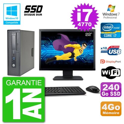 PC HP EliteDesk 800 G1 SFF Ecran 22" i7-4770 4Go SSD 240Go Graveur DVD Wifi W7