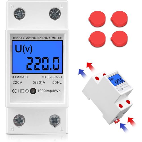 LIKO-Compteur Électrique Monophasé, 50Hz 5 (80) A Compteur D'Énergie Électrique, Compteur De Courant Alternatif Avec Écran Lcd Compteur Electrique 1 Phasé 2 Pôles Rail Din Compteur Kwh Montage