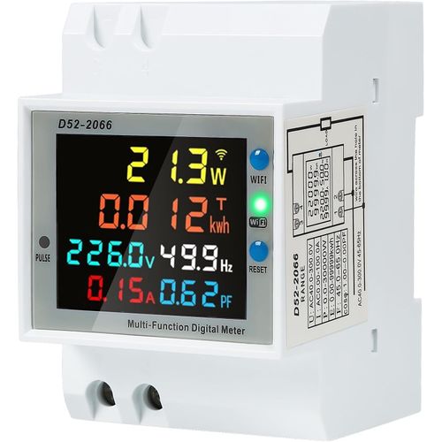 LIKO-Compteur D'Électricité Rail Chapeau 6 En 1, Wifi Compteur D'Énergie Numérique 1 Phase 2 Conducteurs Avec Écran Lcd Voltmètre Ampèremètre Numérique Pour Rail Din Compteur Kwh Ac40-300V 100A