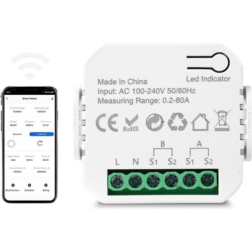 LIKO-Compteur Electrique Connecté 80A Compteur Electrique Moniteur D'Énergie Domestique Wi-Fi Bidirectionnel Avec 2 Pince Compatible Avec Tuya Smart Life