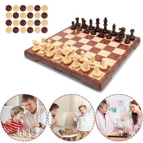 Jeu D'échecs,2 En 1 Jeu De Jeu D'échecs Et De Dames Standard Avec Conception Pliante Portative Pour Des Enfants Et Des Adultes