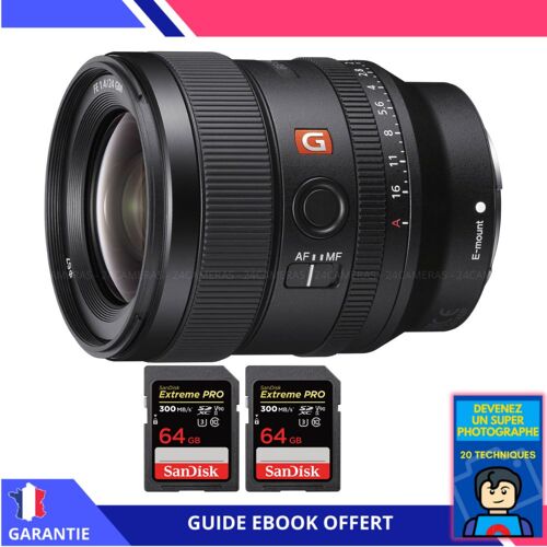 Sony FE 24mm f/1.4 GM + 2 SanDisk 64GB UHS-II 300 MB/s + Ebook 'Devenez Un Super Photographe' - Objectif Sony FE pour Sony Hybride