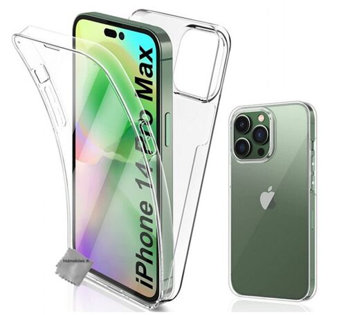 Coque pour Apple iPhone 14 Pro Max - housse etui silicone gel 360 integrale + verre trempe - TRANSPARENT
