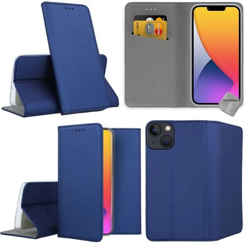Housse pour Apple iPhone 14 Plus - etui coque pochette portefeuille + film ecran - BLEU MAGNET