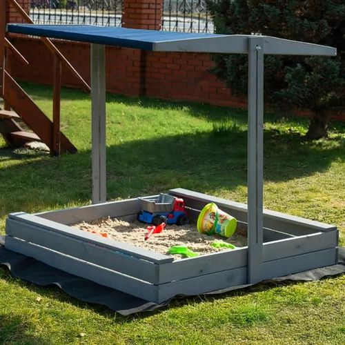 Springos® Bac À Sable Premium Pour Enfants Avec Toit 120 X 120 Cm | Géotextile Inclus | Bois Imprégné ¿ Gris