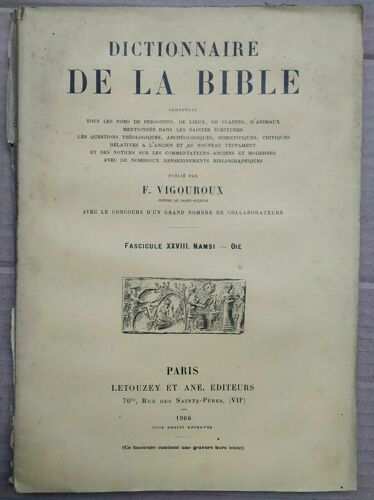 Vigouroux Dictionnaire De La Bible Fascicule Xxviii Namsi Oie