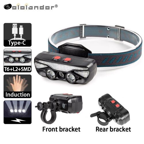 Feu Avant Et Arrière De Vélo T6 + L2 + Smd, Lampe Frontale Rechargeable De Type C Pour Vtt, Accessoires De Cyclisme, Course De Nuit, Travail, Camping