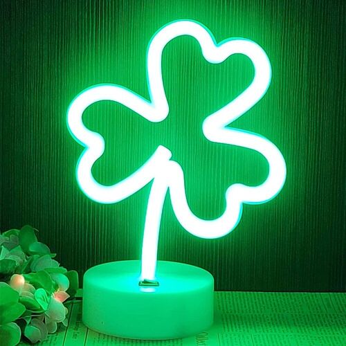 Lampe Néon Led En Forme De Feuilles Avec Base, Signe Porte-Bonheur, Décoration De Noël Pour Chambre D'enfant Et Bébé, Trèfle Vert