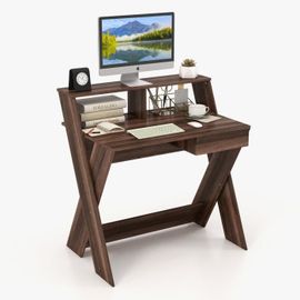 Costway Bureau Informatique Avec Rangement Et Support D'écran, Repose-Pieds Pour Travailler, Réviser, Gaming Marron