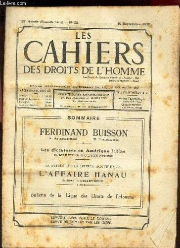 Les Cahiers Des Droits De L Homme - N°22- 10 Septembre 1932 /